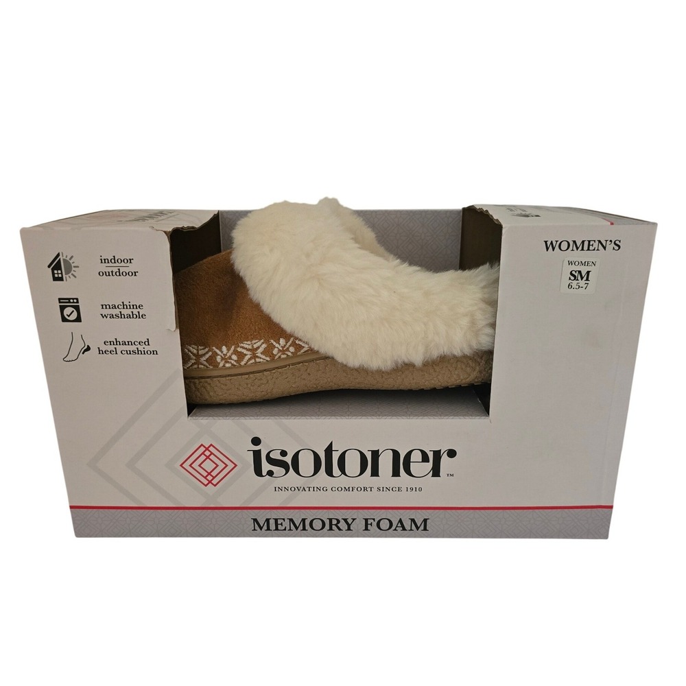 Isotoner Womens Memory Foam Slippers Buckskin Brown Faux Fur Clog Small 6.5-7 S